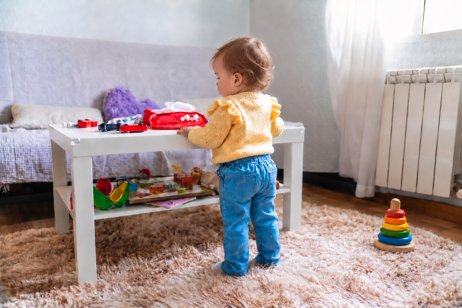 Baby pulling to stand while holding a low table