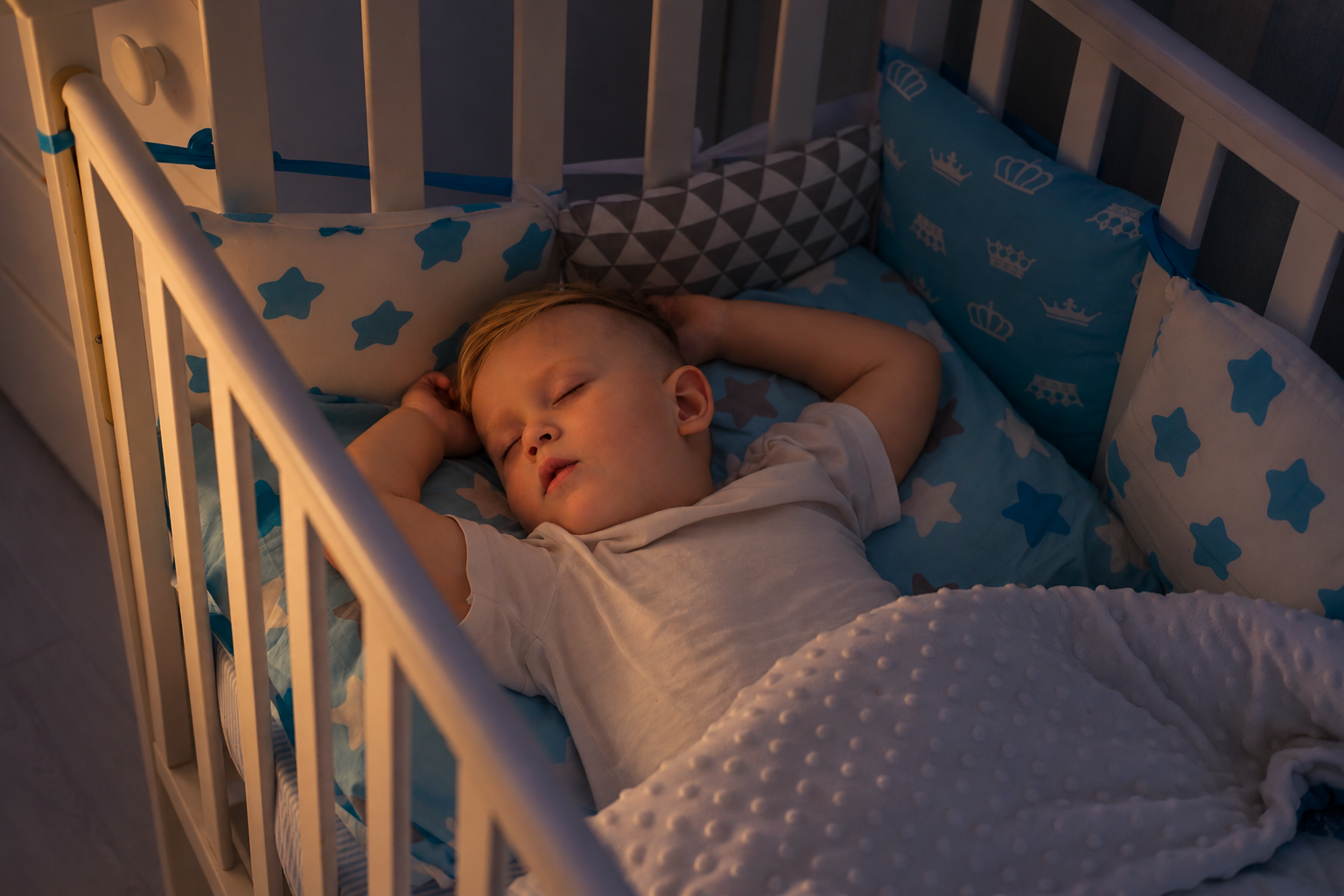 Toddler sleeping peacefully in a crib with a soft nightlight